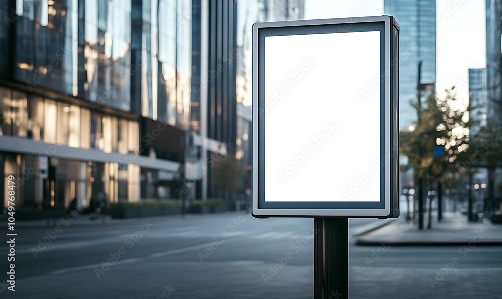 Front view of a white, blank, empty advertising poster mockup on a street light pole in the city design, with a blurred modern office building background design and natural lighting design Front view of a white, blank, empty advertising poster mockup on a street light pole in the city design, with a blurred modern office building background design and natural lighting design