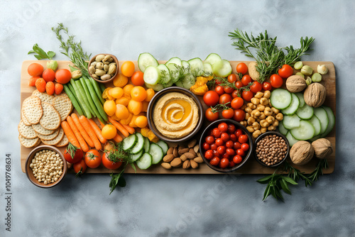 Creative vegan charcuterie board filled with nuts, hummus, crackers, fruits, and a variety of vegetables for a vibrant display, Vegan food photography