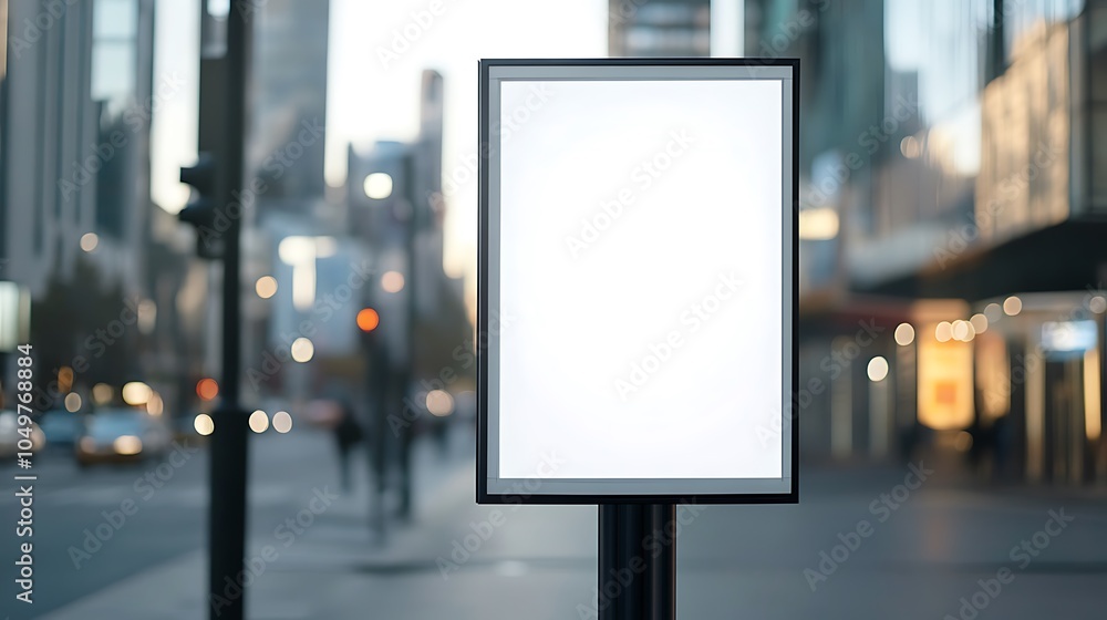 Front view of a white, blank, empty advertising poster mockup on a street light pole in the city design, with a blurred modern office building background design and natural lighting design Front view of a white, blank, empty advertising poster mockup on a street light pole in the city design, with a blurred modern office building background design and natural lighting design