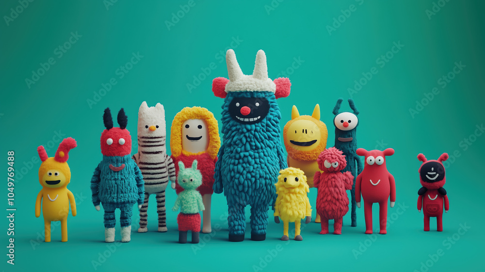 Fototapeta premium Cute Plush Monster Characters Standing Together on Turquoise Background.