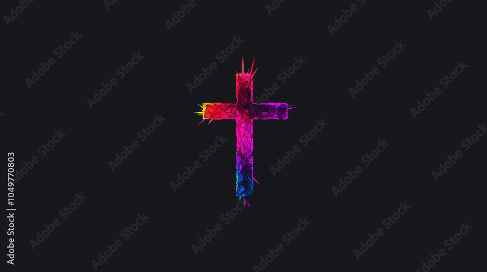 vibrant and artistic representation of cross, featuring colorful design that blends shades of pink, purple, and blue, set against dark background. This evokes sense of creativity and spirituality vibrant and artistic representation of cross, featuring colorful design that blends shades of pink, purple, and blue, set against dark background. This evokes sense of creativity and spirituality