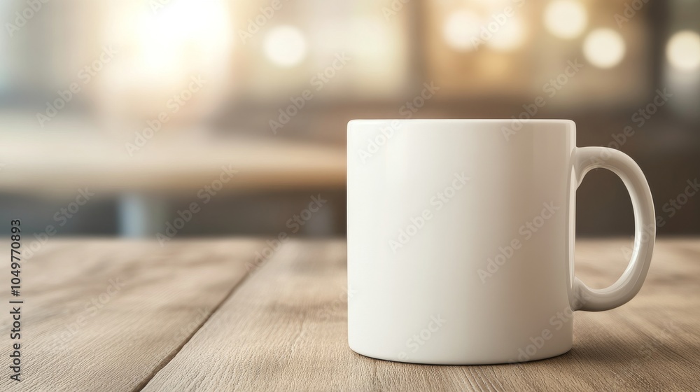 Fototapeta premium A simple white mug on a wooden table, perfect for showcasing drinks or elegant coffee moments in a cozy setting.