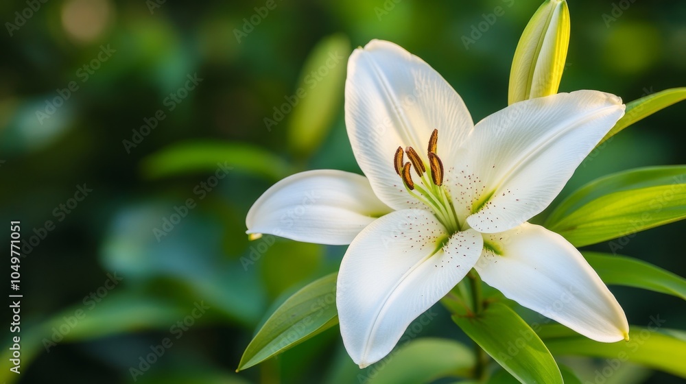 Fototapeta premium A stunning white lily flower in full bloom, surrounded by lush green leaves, symbolizing purity and tranquility in nature.