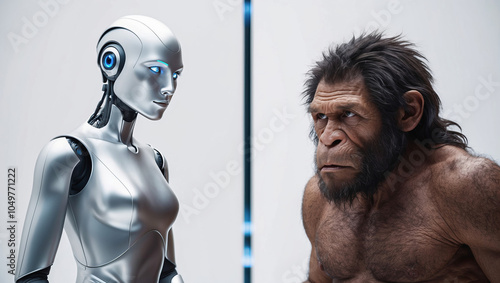 An AI robot from the future looks at a primitive human from the past photo