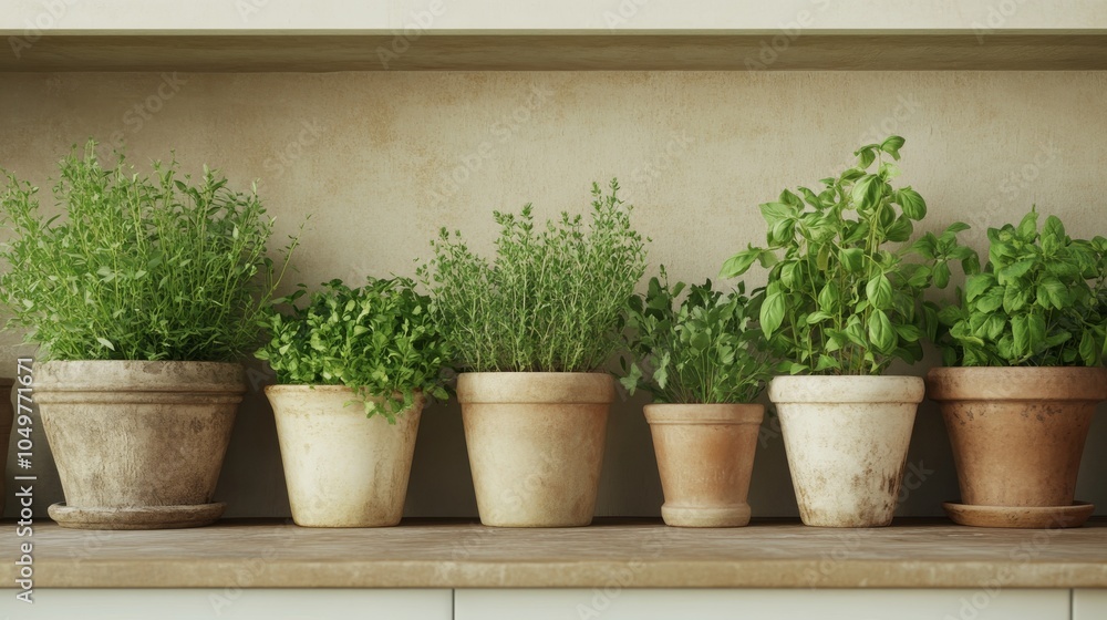 Fototapeta premium A vibrant display of assorted herb plants in terracotta pots arranged on a wooden shelf, enhancing any indoor space.