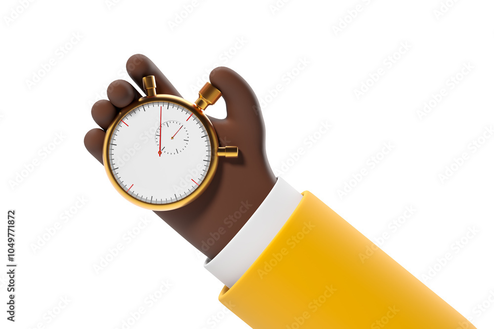 Hand holding a stopwatch with a gold frame. Minimalist design in an isolated, white background. Concept of time management. 3D Rendering Hand holding a stopwatch with a gold frame. Minimalist design in an isolated, white background. Concept of time management. 3D Rendering
