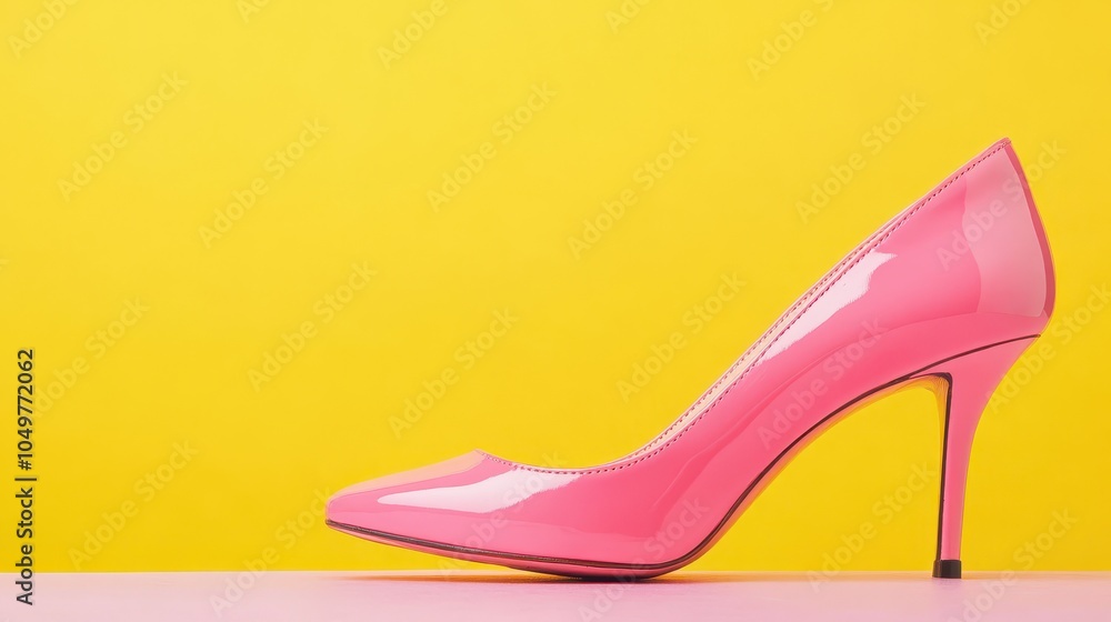 A vibrant pink high heel shoe stands out against a bright yellow background, showcasing style and elegance in footwear fashion. A vibrant pink high heel shoe stands out against a bright yellow background, showcasing style and elegance in footwear fashion.