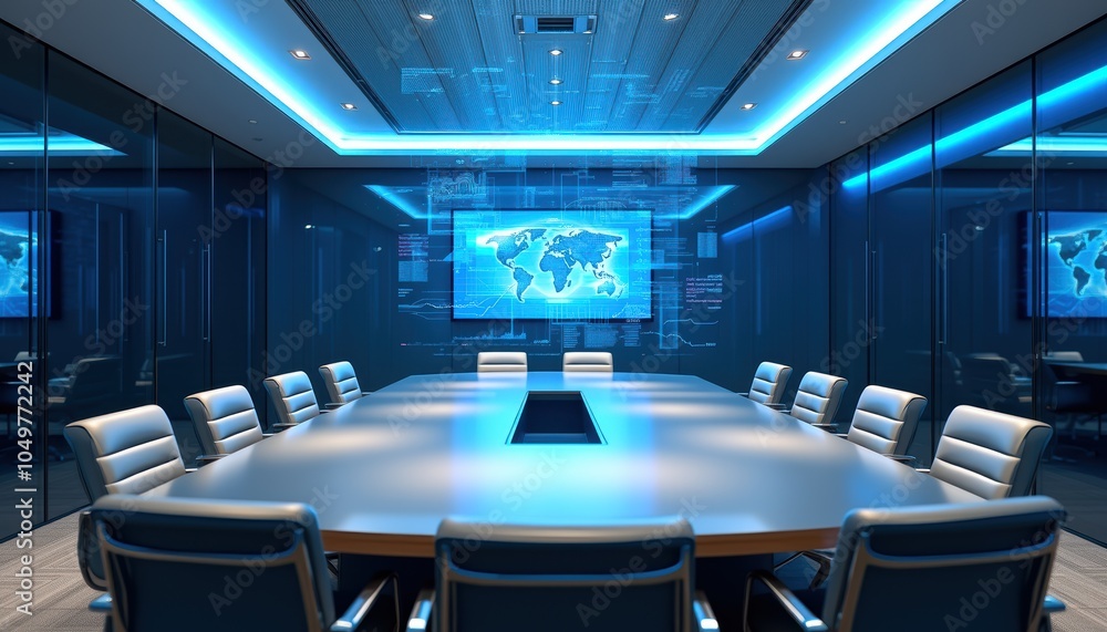 Modern Boardroom with Holographic Analytics Display Modern Boardroom with Holographic Analytics Display