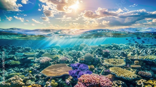 A dramatic view of the Great Barrier Reef's coral gardens teeming with vibrant marine life, Coral reef scene, Cinematic style photo