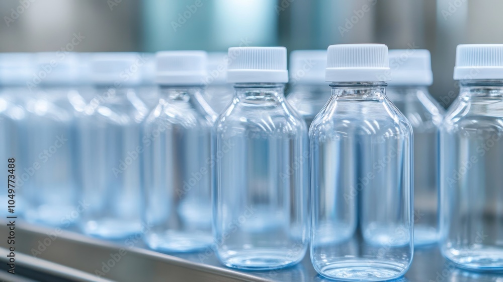 Clear plastic water bottles lined up neatly on a production line in a modern facility, showcasing hygiene and efficiency. Clear plastic water bottles lined up neatly on a production line in a modern facility, showcasing hygiene and efficiency.