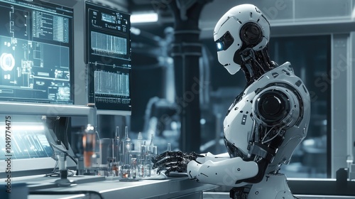 Futuristic robot working in a high-tech lab, showcasing the possibilities of artificial intelligence and advanced technology.