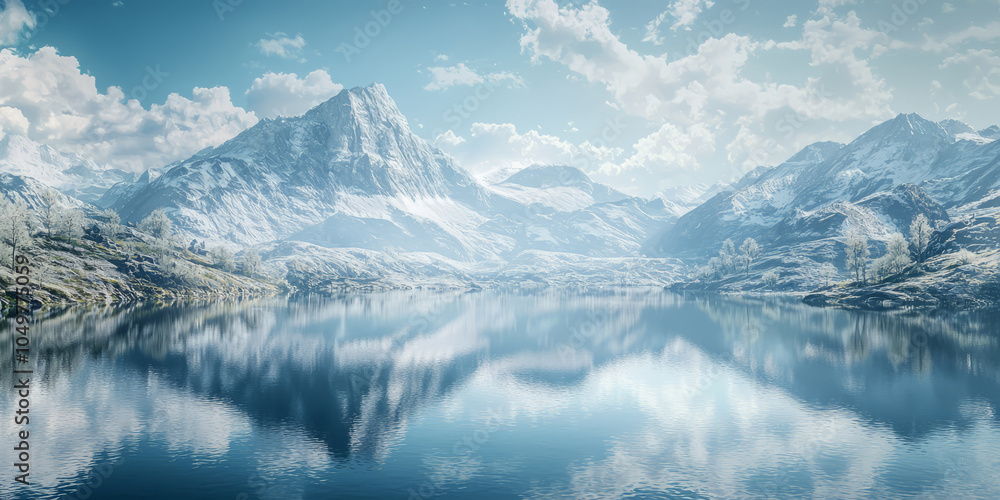 Obraz premium The tranquil mountain range and calm lake create a harmonious natural landscape.