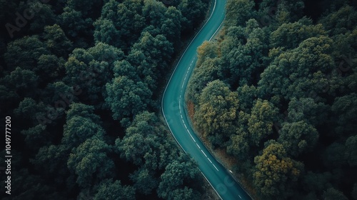 Aerial View of a Winding Road Through a Lush Forest