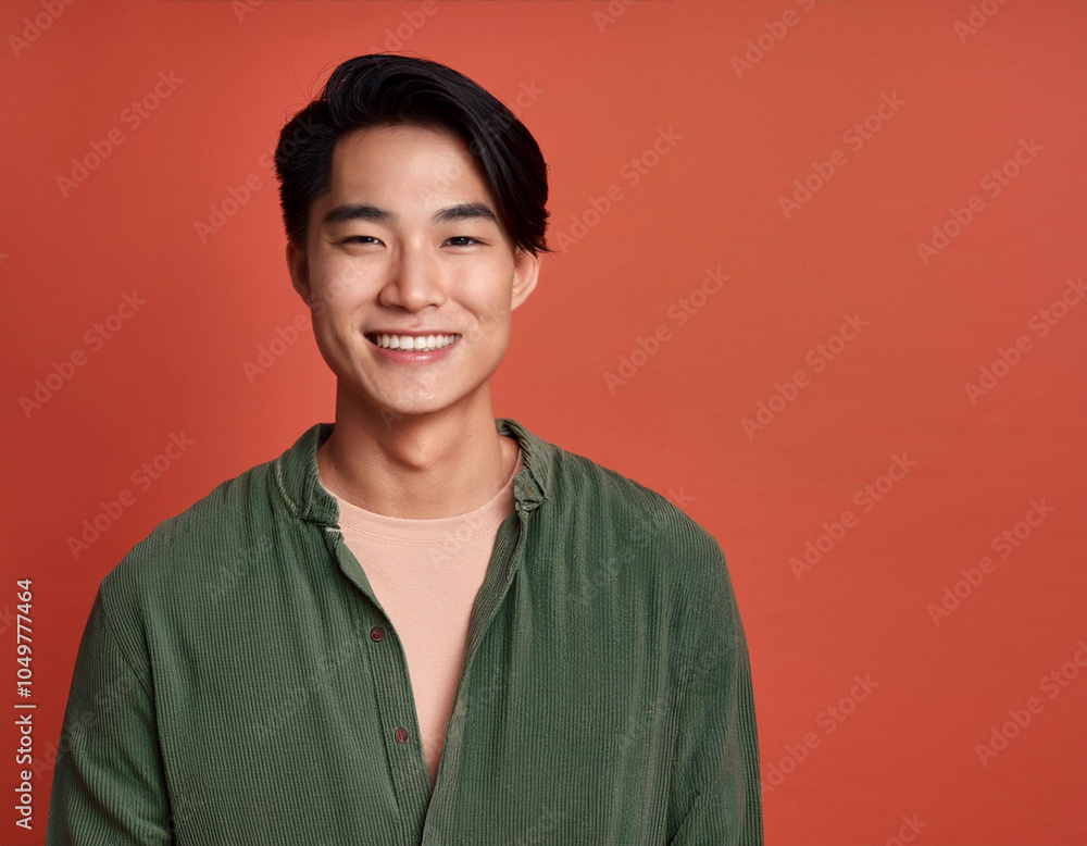 Fototapeta premium Portrait of Handsome Young Man Happily Smiling Against Colored Studio Background