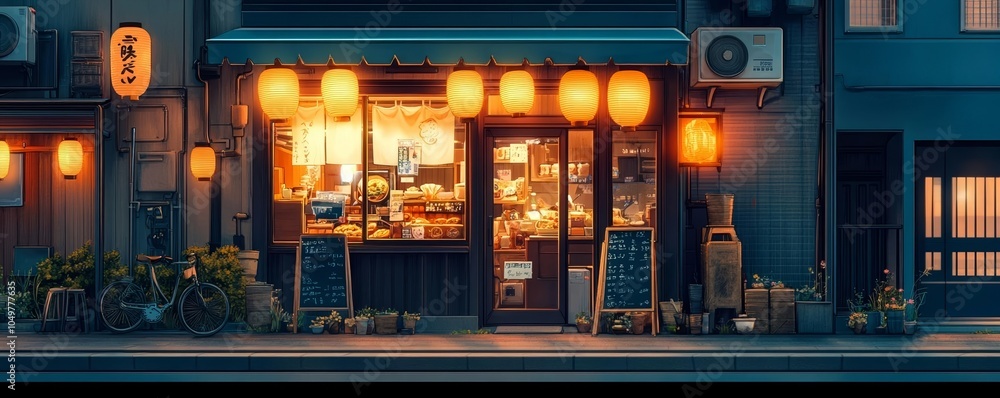 Anime-inspired Tokyo street with ramen shop illuminated by lanterns, soft colors and intricate details, Urban Tranquility, Warm Glow Anime-inspired Tokyo street with ramen shop illuminated by lanterns, soft colors and intricate details, Urban Tranquility, Warm Glow