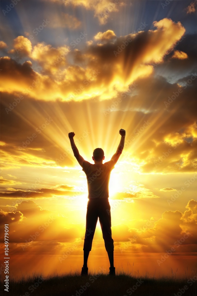 Fototapeta premium Man with arms raised celebrates victory against sunset backdrop