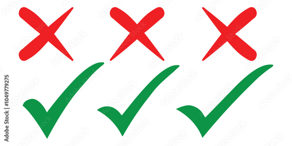Hand drawn tick and x icons set. Stylish check mark icon set in green and red color, vector illustration. True and False symbols accept rejected for evaluation. Doodle style signs isolated on white. Hand drawn tick and x icons set. Stylish check mark icon set in green and red color, vector illustration. True and False symbols accept rejected for evaluation. Doodle style signs isolated on white.
