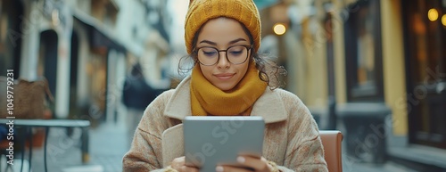  Business woman freelance entrepreneur using cell phone mobile app, laptop. Latin Hispanic female student holding smartphone for shopping, online browsing, learning at city cafe. Copy space, banner 