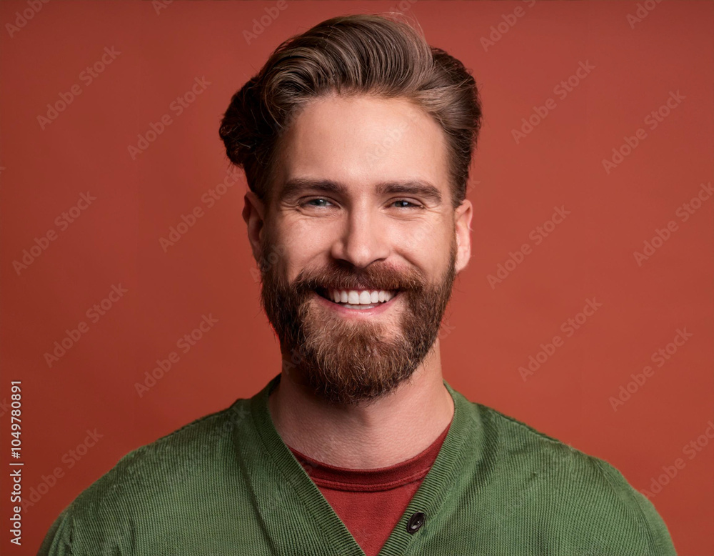 Obraz premium Portrait of Handsome Man Happily Smiling Against Colored Studio Background