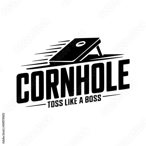 Cornhole Game Logo with Slogan Design, Bold black-and-white logo featuring cornhole board graphic and "Toss Like a Boss" slogan, ideal for game-related branding.

