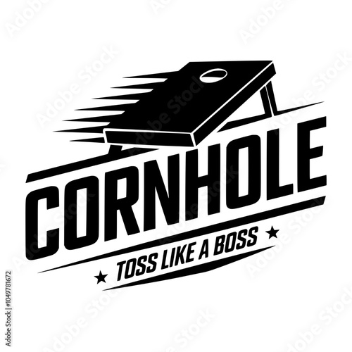 Cornhole Game Logo with Slogan Design, Bold black-and-white logo featuring cornhole board graphic and "Toss Like a Boss" slogan, ideal for game-related branding.

