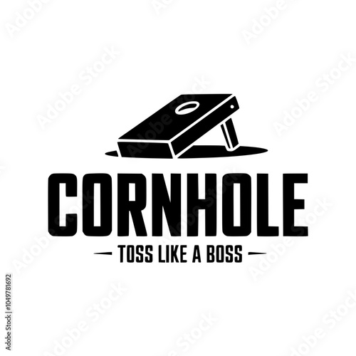 Cornhole Game Logo with Slogan Design, Bold black-and-white logo featuring cornhole board graphic and "Toss Like a Boss" slogan, ideal for game-related branding.

