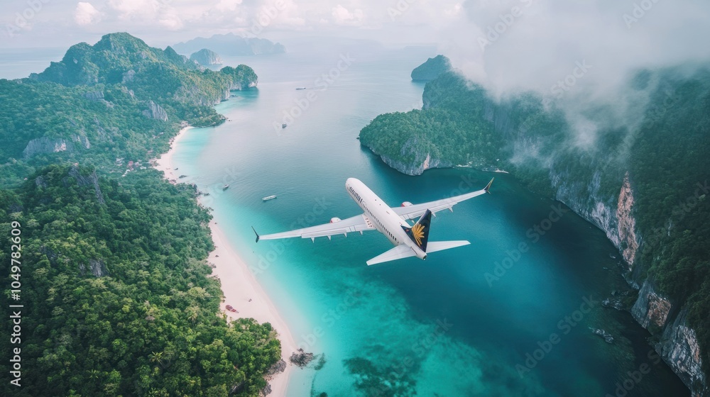 Fototapeta premium Airplane flying over tropical island