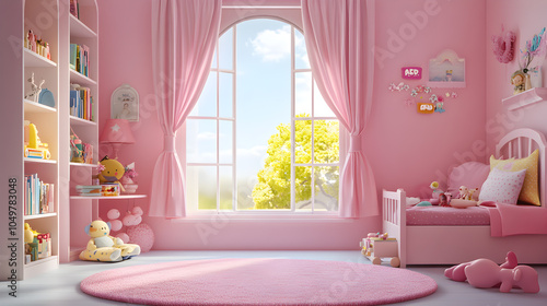 Pink room with a large window, a bed, a bookshelf, toys, and a rug in the center.