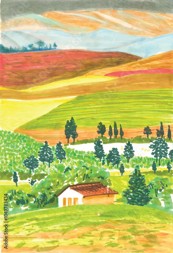 Paysage de campagne avec collines, arbres et maisonnette