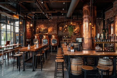 Modern brewery or pub interior with industrial decor, copper brewing tanks and long wooden tables photo