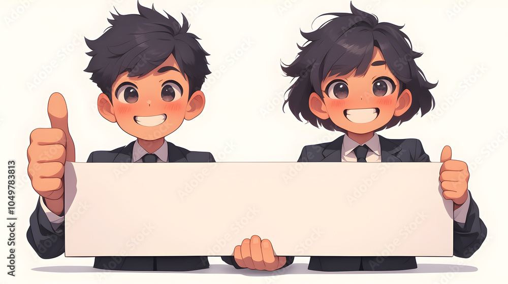 Smiling cartoon businesspeople holding a blank sign. Smiling cartoon businesspeople holding a blank sign.