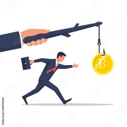 Coin bitcoin on hook. Crypto currency. Fishing hook. Money trap concept. Digital money. Businessman running for bait. Vector illustration flat design. Attract earn.