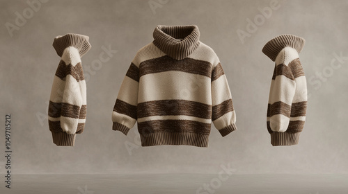 Different views of a beige and brown sweater, product image photo