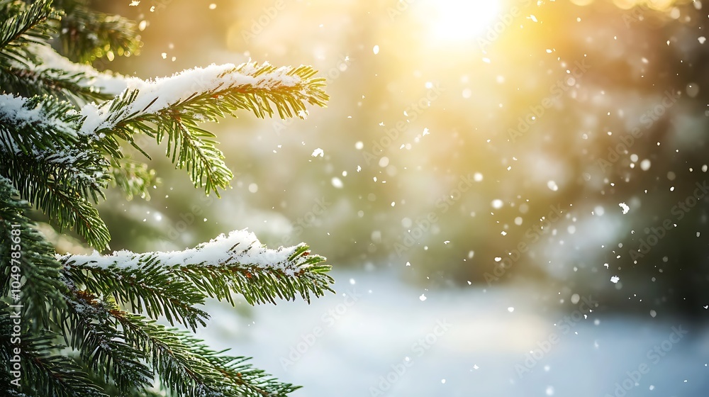 A peaceful winter scene with green fir branches framing a bright, snowy clearing, and snowflakes softly falling. A peaceful winter scene with green fir branches framing a bright, snowy clearing, and snowflakes softly falling.