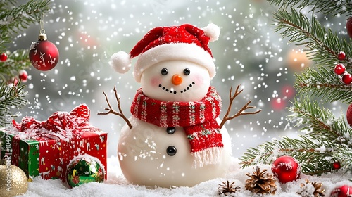 A playful snowman in a red scarf and white hat, surrounded by falling snowflakes, a gift in the snow beside him, and branches filled with colorful ornaments.
