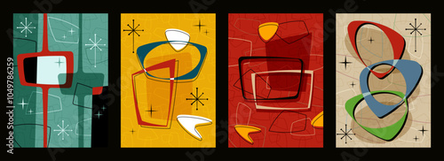 1950s - 1960s Abstract Background Set, Atomic Age Style Templates for Retro Party Invitations, Posters, Covers, Illustrations. Googie and Space Age Shapes and Colors