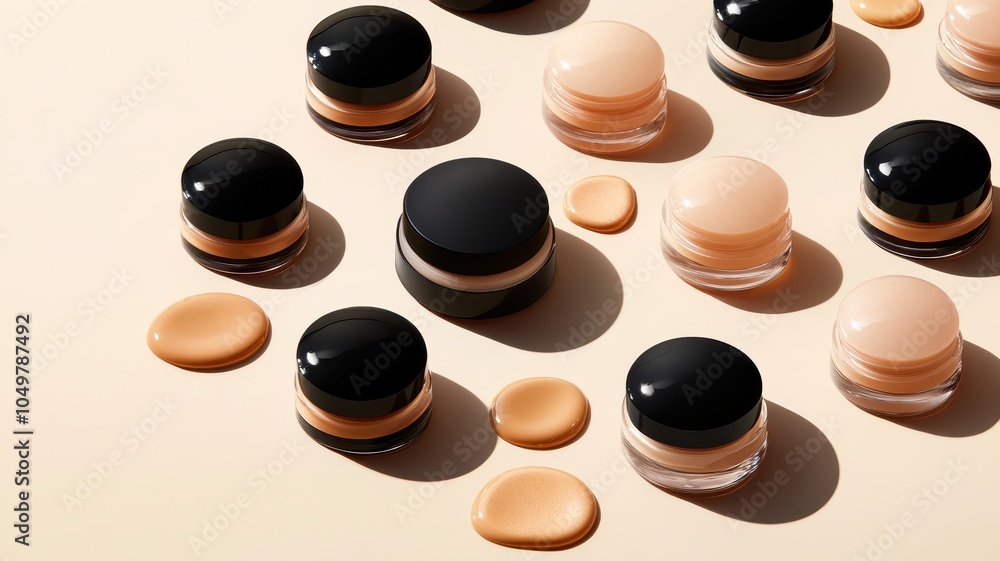 Obraz premium Bottles of makeup foundation,Collection of skin foundation bottles in different shades and samples on color background,makeup essentials,Liquid foundation and swatche,copy space.