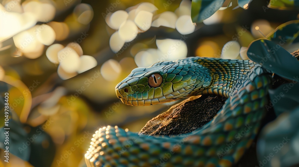 Fototapeta premium Very fierce and dangerous green snake looks beautiful