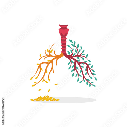 Lung disease. World lung cancer day. Airways with healthy green leaves and yellow diseased ones. Vector illustration flat design. Isolated on white background.