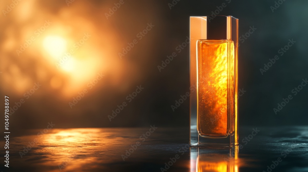 A bottle of perfume is sitting on a table with a bright orange background A bottle of perfume is sitting on a table with a bright orange background