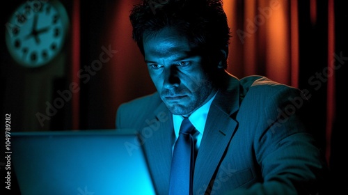 Businessman deleting confidential data on a laptop while anxiously watching the clock Stock Photo with side copy space