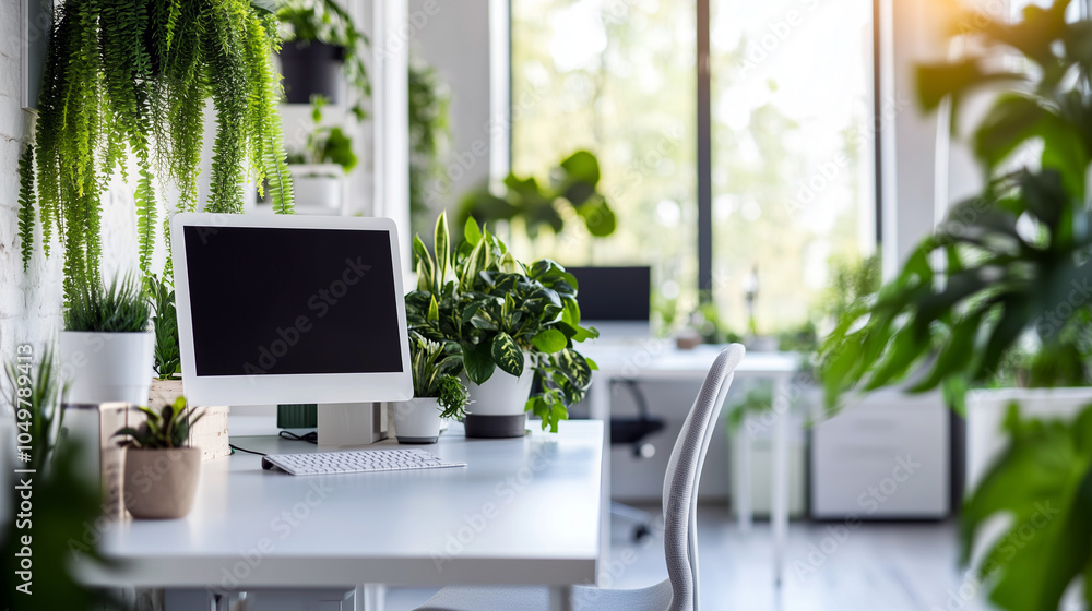 Fototapeta premium Modern Office Workspace with Plants and Natural Light