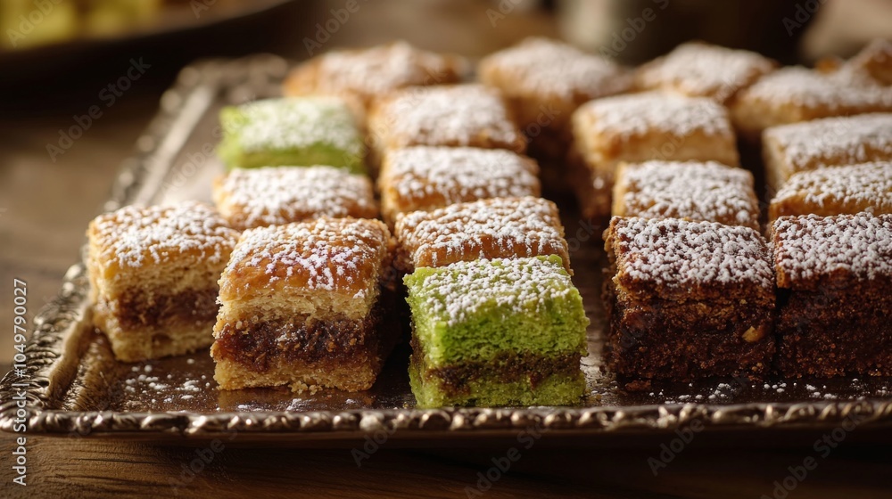 Creative Eastern Desserts on Wooden Table Background