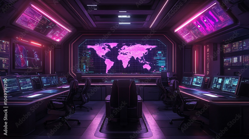 National security operations room with government officials monitoring cybersecurity threats on a global map Stock Photo with side copy space National security operations room with government officials monitoring cybersecurity threats on a global map Stock Photo with side copy space