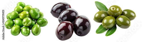 Closeup of Castelvetrano and Black Kalamata olives with green leaves, isolated on a white transparent background. Concept of healthy eating and Mediterranean cuisine