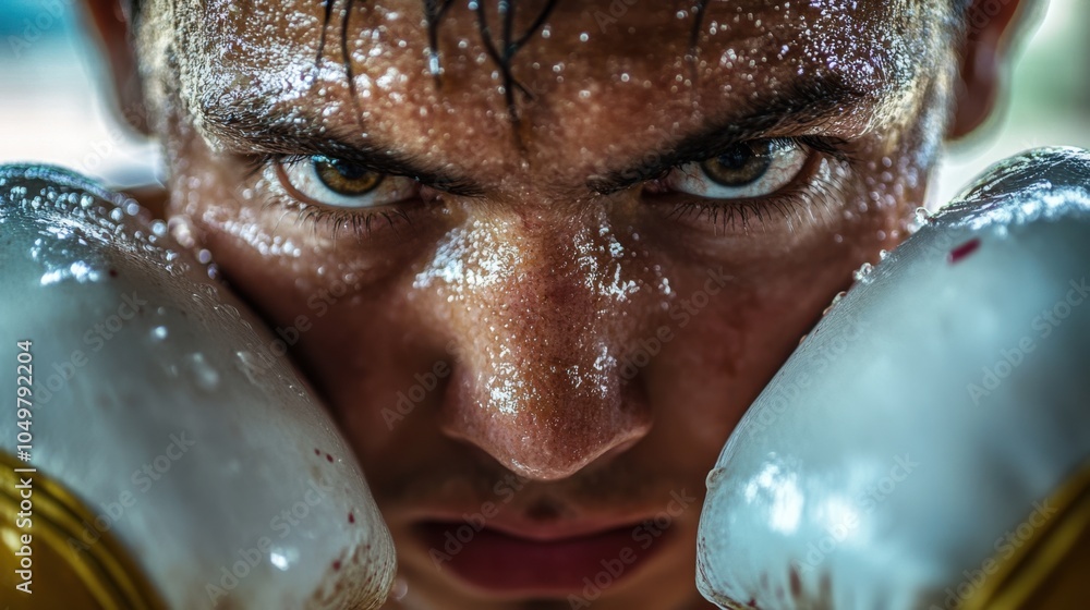 A close-up of a Muay Thai fighter face, showing intense focus and sweat, with A close-up of a Muay Thai fighter face, showing intense focus and sweat, with