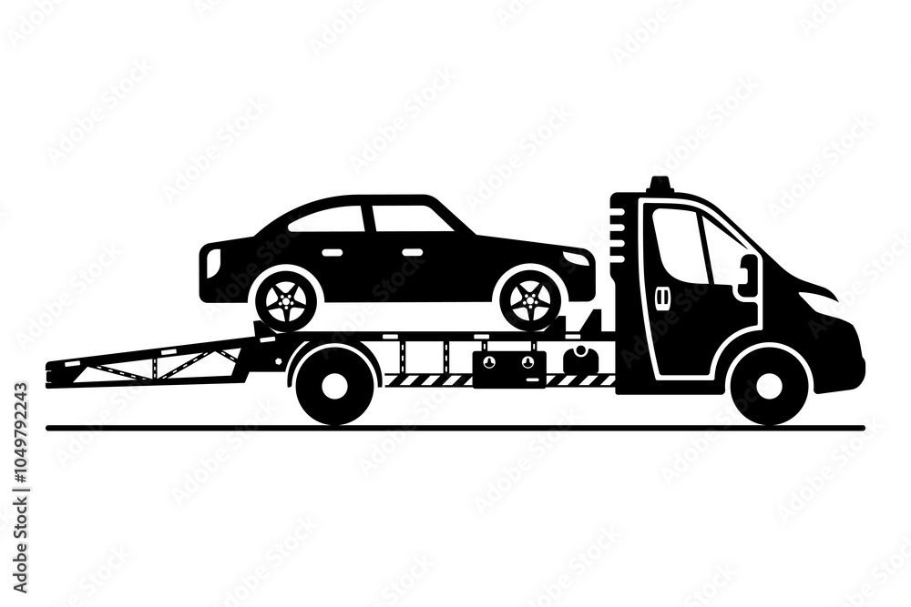 Naklejka premium Tow truck black silhouette. Emergency roadside assistance. Vehicle roadside assistance. A tow truck is transporting a broken down car. Vector illustration flat design. Isolated on white background.