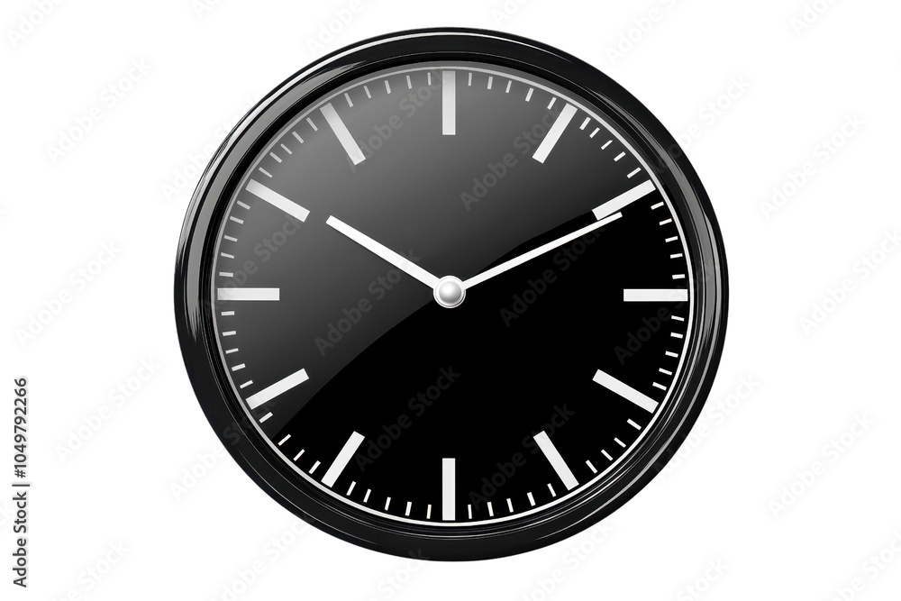 Sleek black analog clock with minimalist design, showing time on a glossy surface, isolated on a transparent background. perfect for modern decor. Sleek black analog clock with minimalist design, showing time on a glossy surface, isolated on a transparent background. perfect for modern decor.