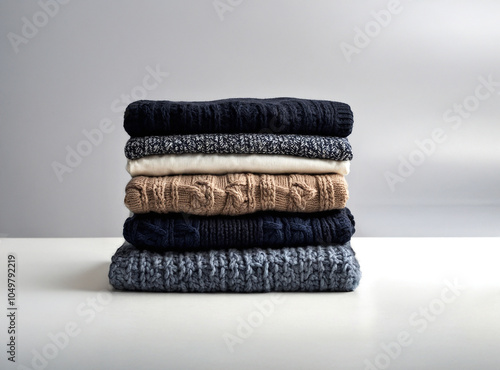 Stack of wool sweater dark and beige Folded Knit Sweaters on White Background, wool sweater isolated. winter, knit wool sweater