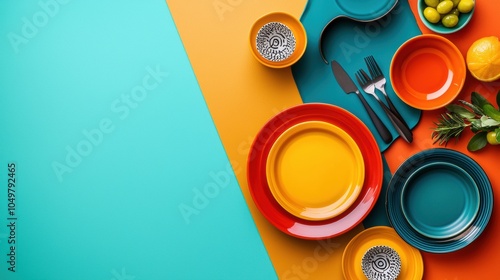 Vibrant table setting for a casual dining experience featuring colorful dishes bright napkins and playful decor